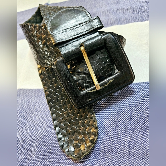 Vintage 90s Black Leather Woven Belt Medium - Picture 2 of 6